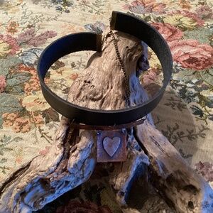 Black Leather Choker w/ Hammered Oxidized Mixed Metal Dangle 15” + 4” Extender